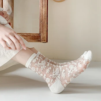 1 Пара ультратонких носков, Летние женские Прозрачные Кружевные Шелковые носки с кристаллами Розы, эластичные короткие носки с цветочным узором для девочек, женские носки Sox