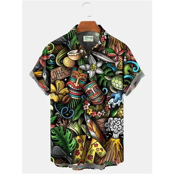 2022, Мужская рубашка, Уличная одежда, Пляжная Мужская рубашка с коротким рукавом, Размер EU, Хлопковая 3D Гавайская мужская рубашка оверсайз, повседневная летняя