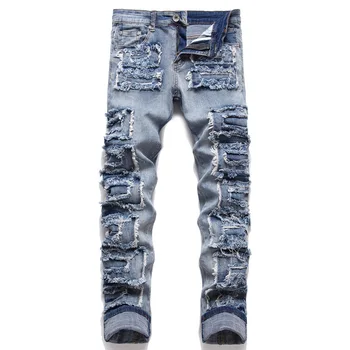 2023 Новые Модные Мужские Рваные джинсы в стиле панк, Уличная одежда в стиле хип-Хоп, Синие Джинсовые брюки в стиле пэчворк с дырками, Тонкие прямые брюки