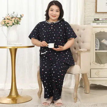 Kawaii мультфильм брюки с коротким рукавом пижамные комплекты женские летние большие размеры 5XL 100% хлопок пижамы пижамы женские 8880