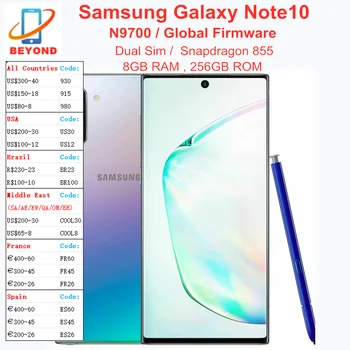 Samsung Galaxy Note10 Примечание 10 N9700 Две Sim-карты 256 ГБ ПЗУ 8 ГБ ОЗУ Восьмиядерный 6,3 