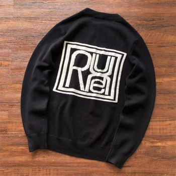 Вязаный Жаккардовый свитер с квадратным логотипом Rhude, Мужские и женские Повседневные черные толстовки с круглым вырезом