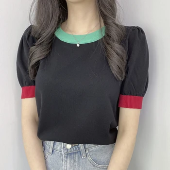 Женская футболка с контрастной строчкой, Летние футболки 2023 с короткими рукавами, повседневные топы с круглым вырезом, Пуловеры, трикотажные футболки, Корейская женская одежда