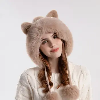 Женская шапка с кошачьими ушками, милая вязаная шапочка, толстый теплый зимний модный аксессуар, пушистый Помпон, Отличный головной убор для активного отдыха