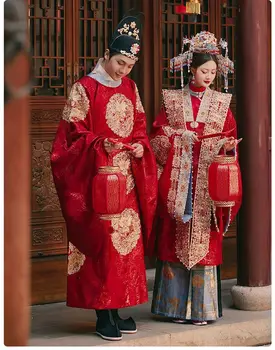 Китайское свадебное платье Hanfu для фотосъемки Пар, костюм для Косплея, Древнекитайское свадебное платье Hanfu, Красные комплекты для мужчин и женщин