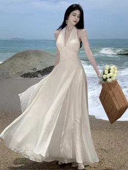 Летнее длинное белое платье Макси без рукавов, элегантное пляжное платье с V-образным вырезом, облегающее талию, Вечерние платья Du Soir, Свадебные платья для выпускного вечера