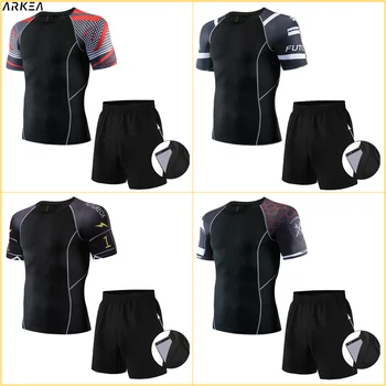 Летний спортивный костюм, мужская спортивная одежда, компрессионная футболка, костюм для фитнеса, рубашка для бега, спортивная одежда, Шорты для бега