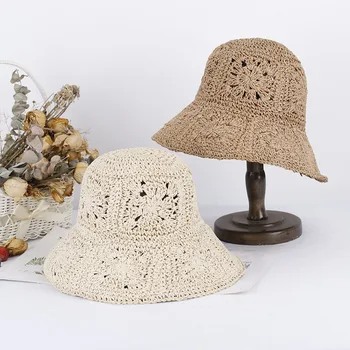 Новая вязаная крючком шляпа, пляжная шляпа, женская летняя шляпа, панама, женские шляпы от солнца, соломенная шляпа с защитой от ультрафиолета, солнечная шляпа, шляпа-козырек