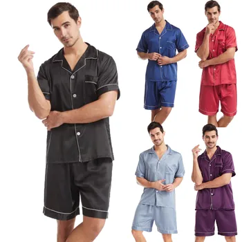 Новая летняя Гладкая Повседневная пижама для мужчин, Домашняя пижама, ночная одежда, Одежда для отдыха, Мужские пижамные комплекты, Шорты, Атласная одежда для сна с коротким рукавом