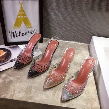 Новые летние женские туфли на высоком каблуке, прозрачные бокалы для вина с заклепками и бриллиантами, босоножки на высоком каблуке, банкетные туфли