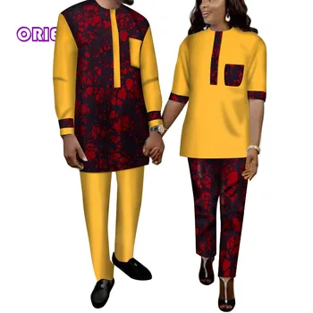 Одежда для африканской пары, Комплект из 2 предметов, Топы и брюки, Рубашки с африканским принтом, Костюмы Bazin Riche, Африканские Наряды для Женщин, Мужчин, WYQ262