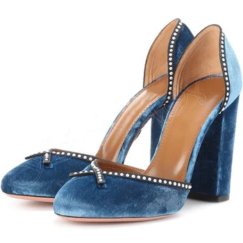 Синие туфли-лодочки с мелким декором и кристаллами, без застежки, однотонные туфли на высоком массивном каблуке для женщин, свадебные туфли на каблуках 2023 Zapatos Para Mujere