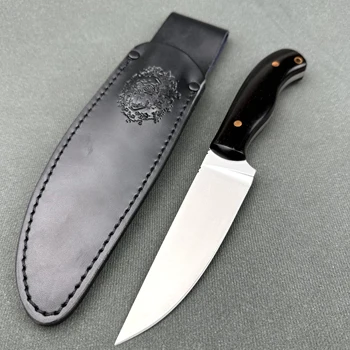 Стальной фиксированный нож D2 с кожаными ножнами, прочный и острый нож для выживания на открытом воздухе, удобная ручка из натурального сандалового дерева