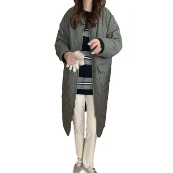 Утолщенная хлопковая куртка в ромбической форме, Женская зимняя корейская мода 2021 года, Свободная верхняя одежда средней длины выше колена