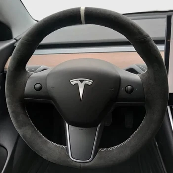 Чехол на руль автомобиля, сшитый вручную, нескользящий, черная натуральная кожа, Замша для Tesla Model 3 2017 2018 2019 2020