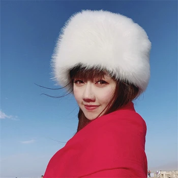 Шапка из искусственного меха, Русская круглая плоская верхняя шляпа, женская зимняя утолщенная теплая плюшевая шапочка для защиты ушей, уличная лыжная шапка с лентой для волос