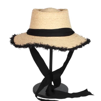 оптовая продажа унисекс, изготовленные на заказ шляпы из черной шифоновой ленты с широкими полями, летние пляжные шляпы из рафии, соломенные шляпы для женщин и мужчин
